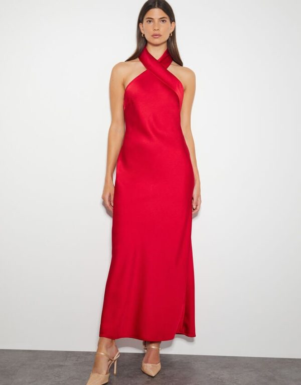 Monsoon Jodie Halter Satin Maxi Dress Red