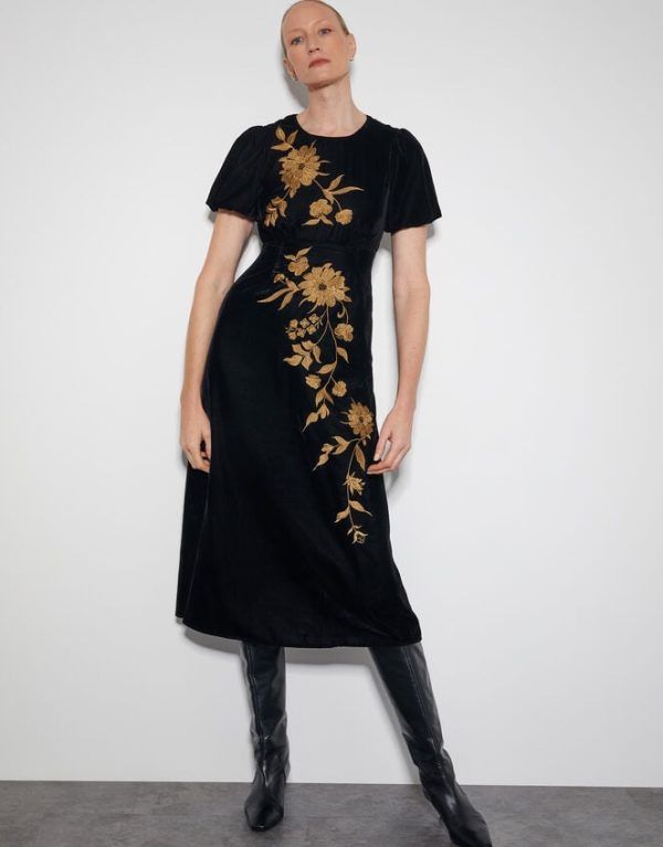 Monsoon Kendra Embroidered Floral Velvet Midi Dress Black