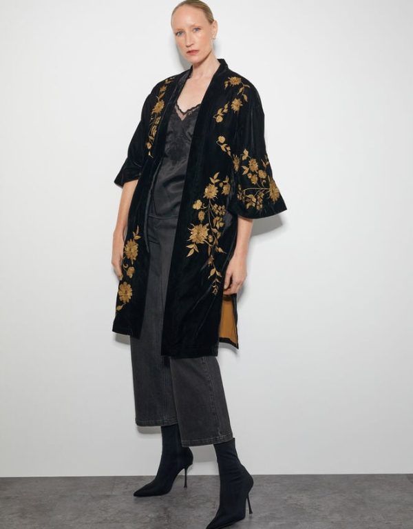 Monsoon Kendra Embroidered Floral Velvet Kimono Black