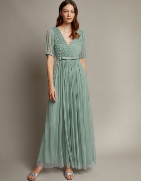 Monsoon Ellie Sheer Sleeve Plunge Tulle Maxi Dress Green