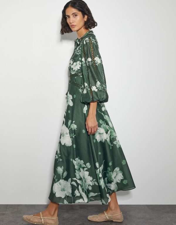 Monsoon Amari Floral Midi Shirt Dress Green