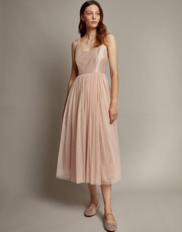 Monsoon Alice Sleeveless Tulle Midi Dress Pink