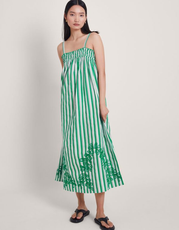 Monsoon Dorita Sleeveless Stripe Embroidered Midi Dress Green