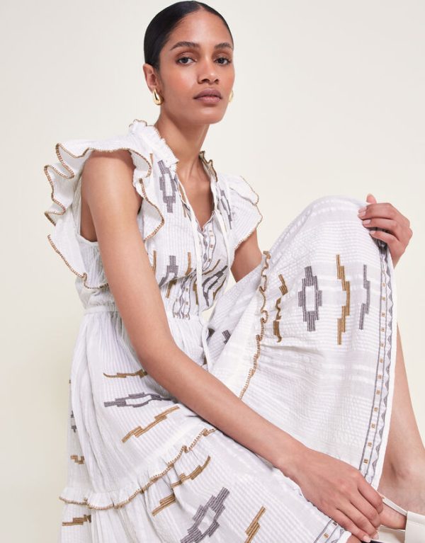 Monsoon Ula Embroidered Dress Ivory