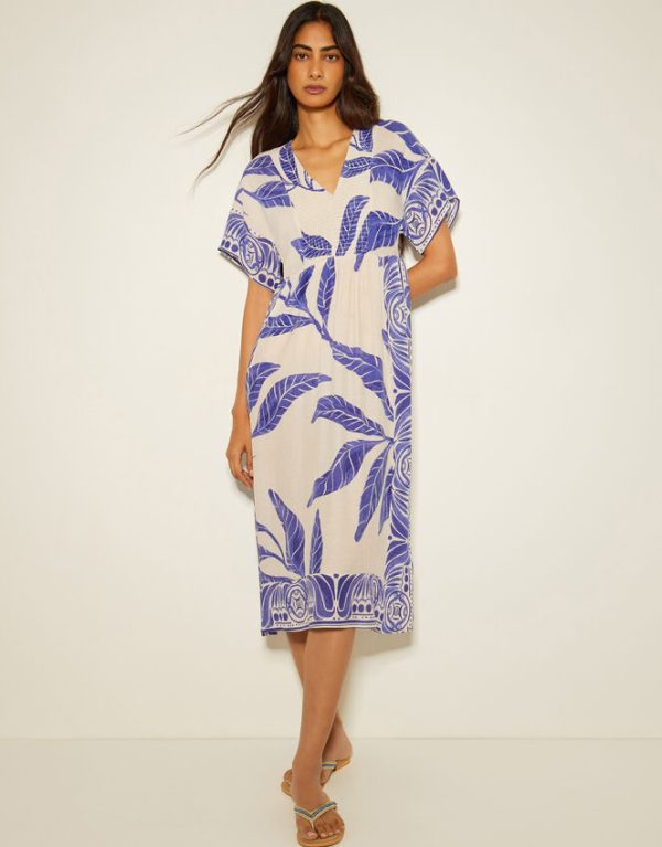 Monsoon Dina Palm Print Midi Dress White