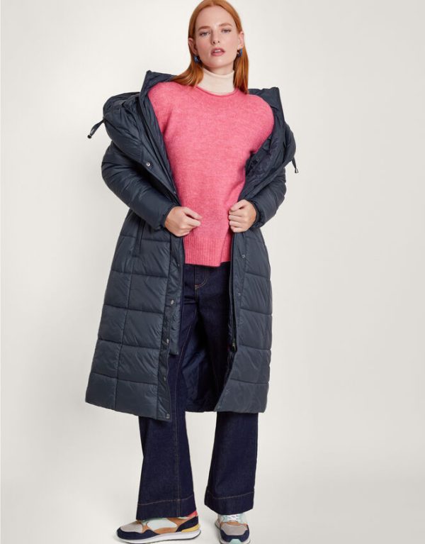 Monsoon Sorena Belted Padded Midi Coat in Recycled PolyesterBlue