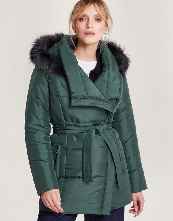 Monsoon Pauline Faux Fur Hood Puffer Coat Green