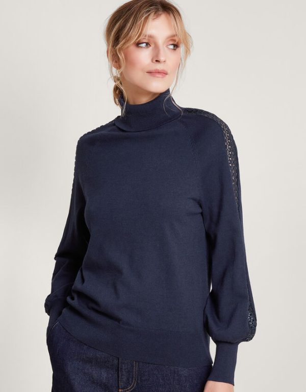 Monsoon Lace Insert Polo Jumper with Recycled Polyester Blue