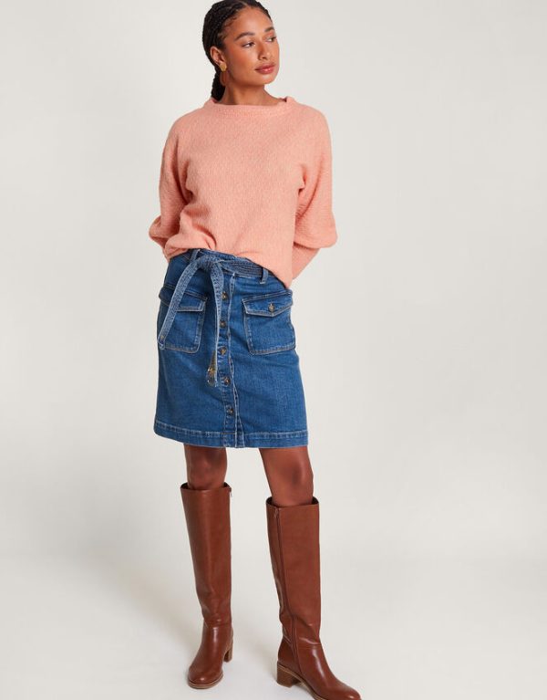 Monsoon Denim Button Through Belted Skirt Blue