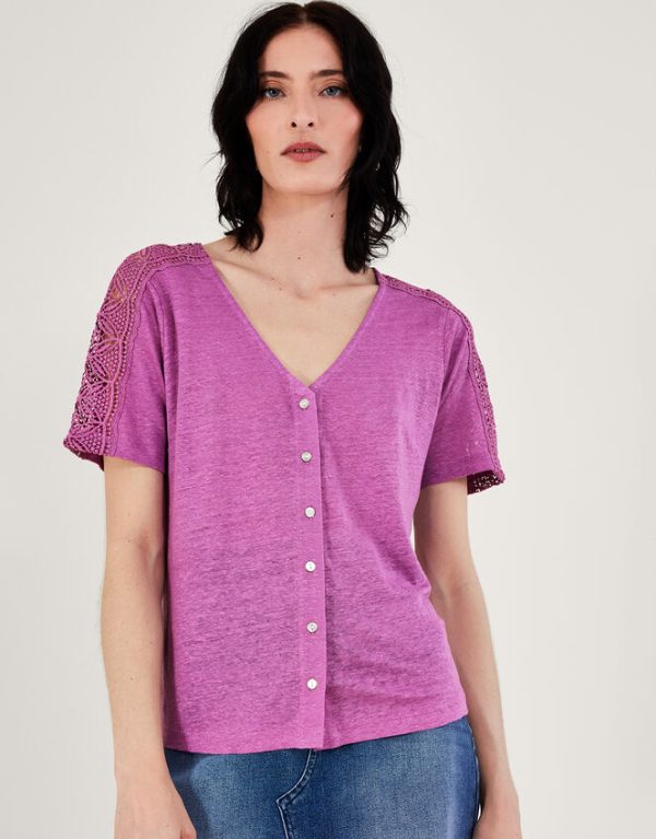 Monsoon Button Through Lace Linen T-Shirt Purple