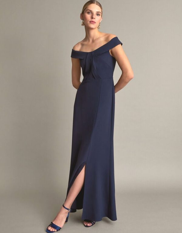 Monsoon Beatrice Crepe Bardot Maxi Dress Blue