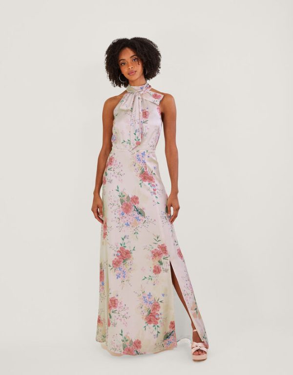 Monsoon Palmer Floral Satin Maxi Dress Ivory