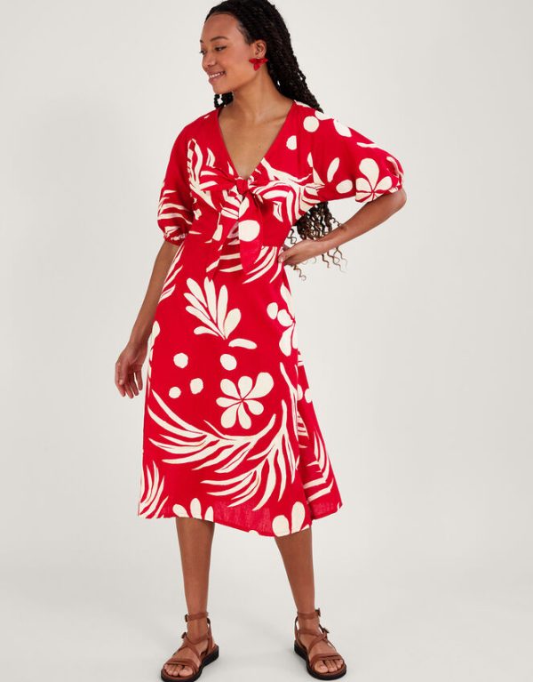 Monsoon Abstract Palm Print Tie Front Midi Dress Red