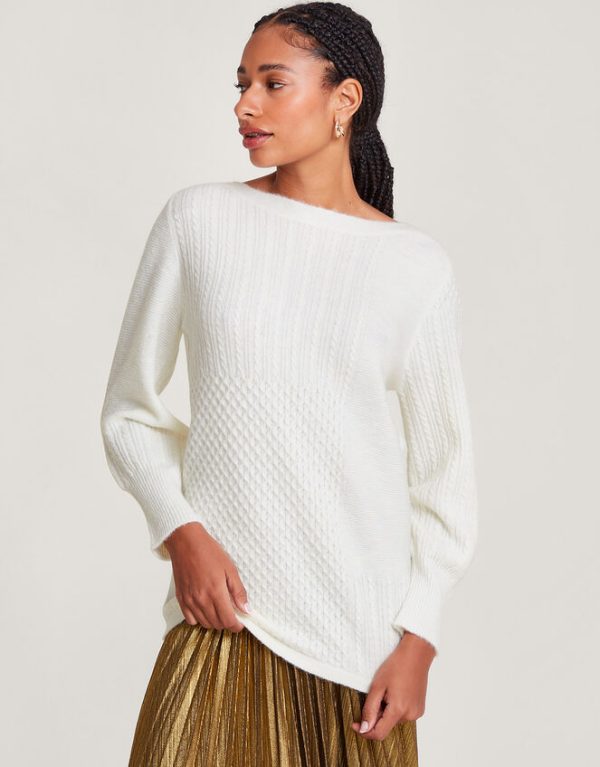 Monsoon Supersoft Patch Cable Knit Tunic Jumper Ivory