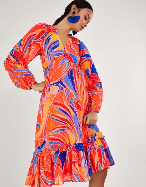 Monsoon Ariel Print Tiered Dress Orange