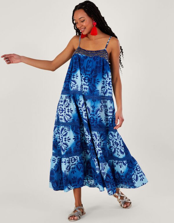 Monsoon Tile Batik Print Cami Midi Dress Blue