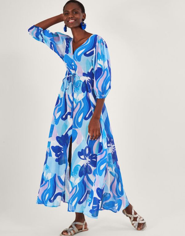 Monsoon Swirl Print Puff Sleeve Maxi Dress Blue