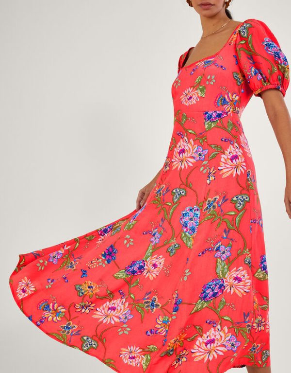 Monsoon Regina Floral Print Tea Dress Orange