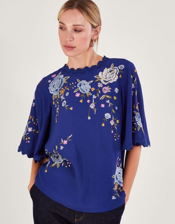 Monsoon Olla Embroidered Floral Kimono Top Blue