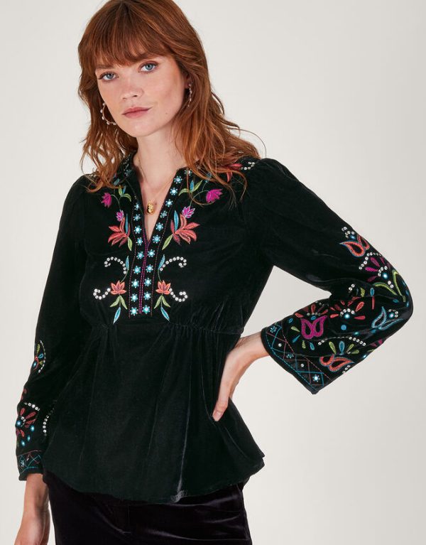 Monsoon Mave Mirror Detail Velvet Blouse Black