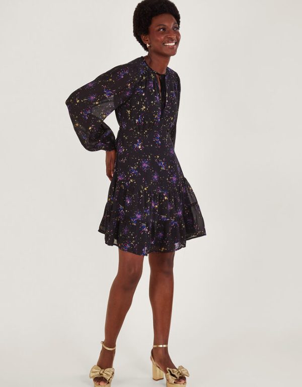 Monsoon Felicia Printed Long Sleeve Mini Dress Blue