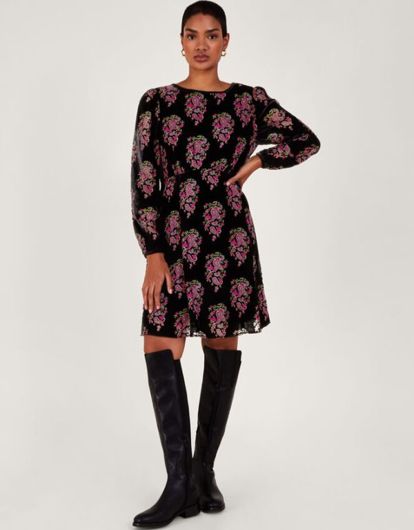 Monsoon Ruby Paisley Velvet Dress Black