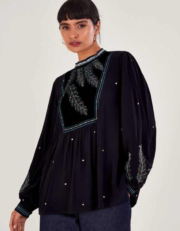 Monsoon Casey Embroidered Blouse Black