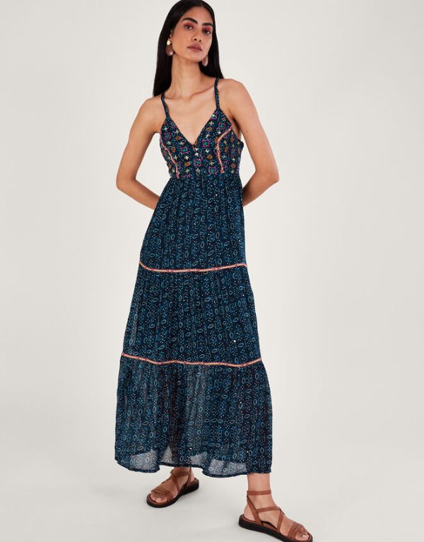 Monsoon Embellished Print Maxi Cami Dress Blue