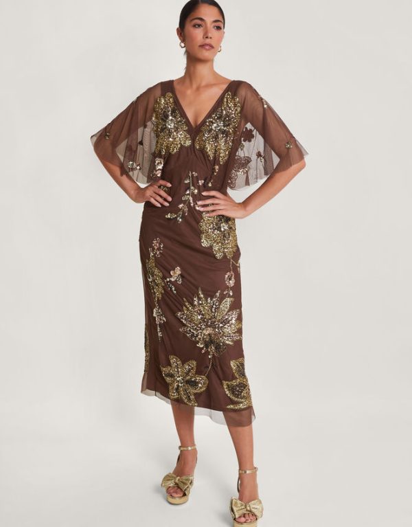 Monsoon Fia Floral Embellished Dress Brown - Image 2