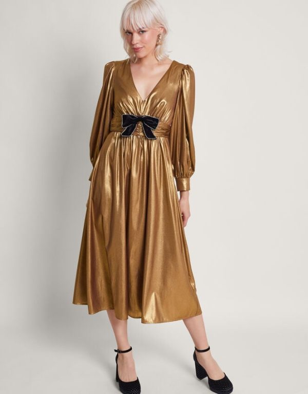 Monsoon Gracie Bow Midi Dress Gold