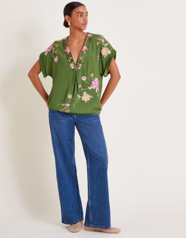 Monsoon Alice Floral Embroidered V-Neck Blouse Green - Image 2