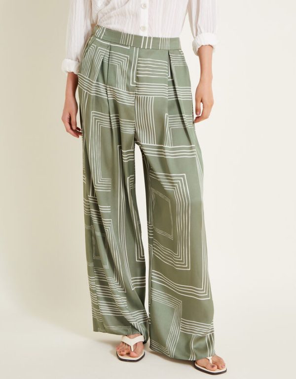 Monsoon Anica Print Wide Leg Trousers Green - Image 2