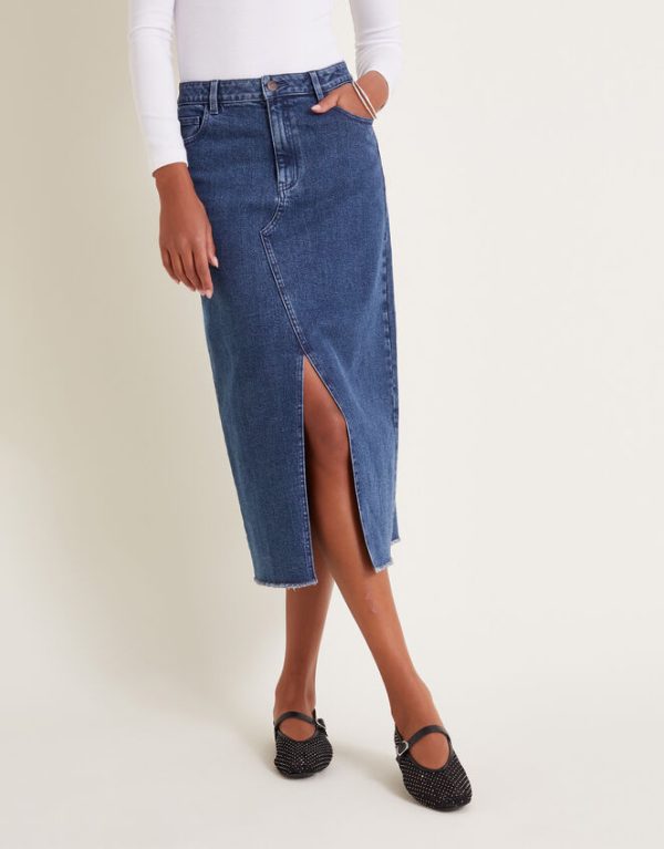 Monsoon Sasha Split Denim Midi Skirt Blue - Image 2