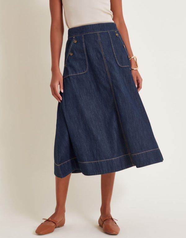 Monsoon Harper A-Line Denim Midi Skirt Blue