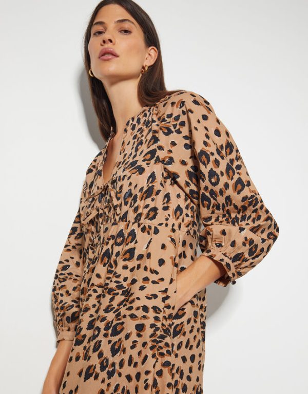 Monsoon Raife Leopard Print Tie Midi Dress Natural - Image 2