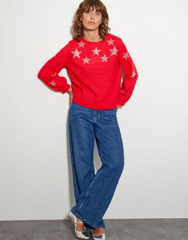 Monsoon Sabrina Embellished Star Jumper Red - Image 2