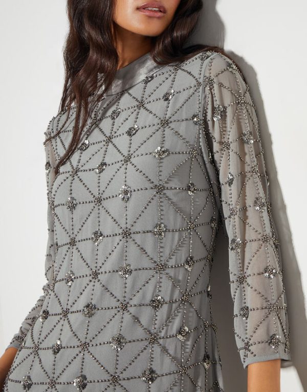 Monsoon Adele Hand-Beaded Long Sleeve Mini Dress Grey - Image 2