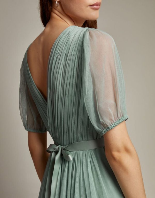 Monsoon Ellie Sheer Sleeve Plunge Tulle Maxi Dress Green - Image 2