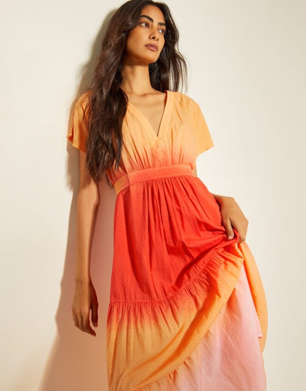 Monsoon Maya Dip Dye Tiered Midi Dress Orange - Image 2