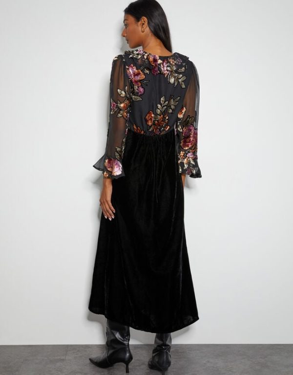 Monsoon Ariella Floral Devore Velvet Midi Dress Black - Image 3