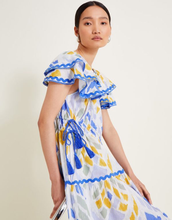 Monsoon Myla Geometric Print Ruffle Dress Blue - Image 3