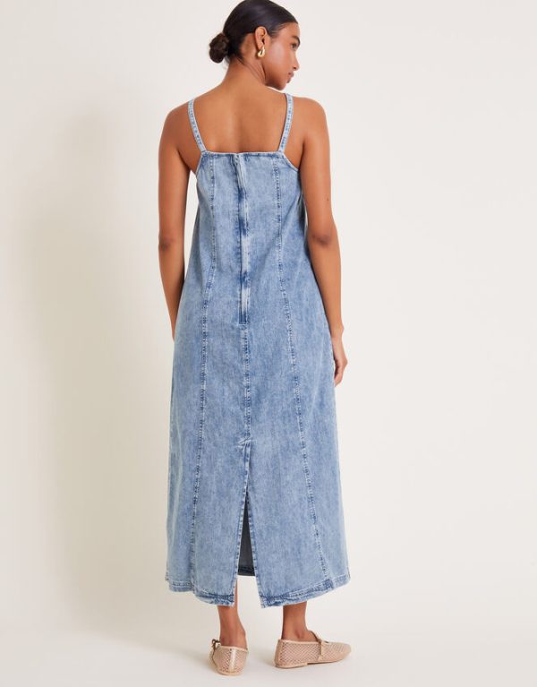 Monsoon Sian Denim Pinafore Midi Dress Blue - Image 3