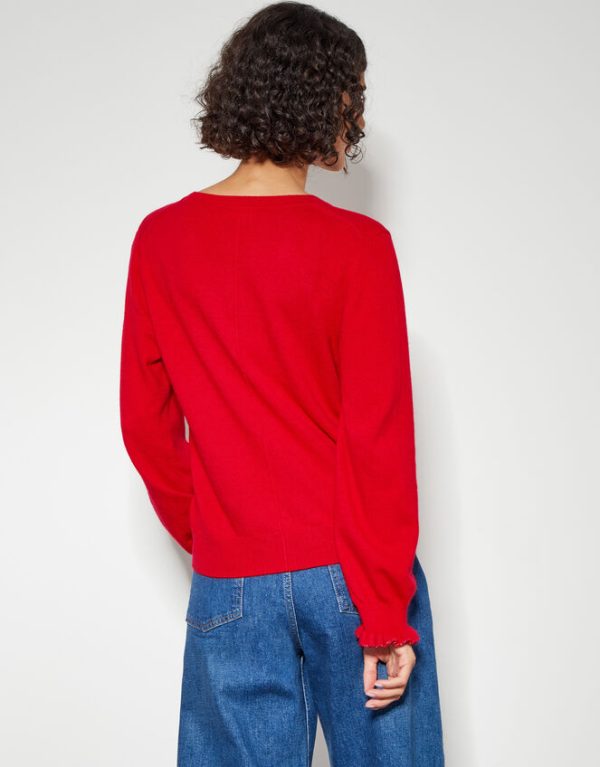 Monsoon Cora Frill Crew Neck Cardigan Red - Image 3