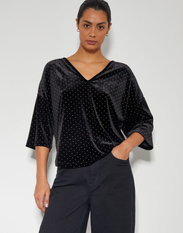 Monsoon Nala Spot Velvet V-Neck Top Black - Image 3