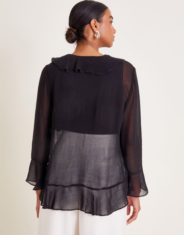 Monsoon Fiona Sheer Frill Tie-Front Blouse Black - Image 3