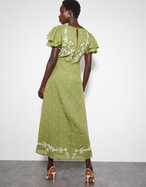 Monsoon Arabella V-Neck Embroidered Midi Dress Green - Image 3