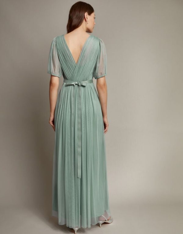 Monsoon Ellie Sheer Sleeve Plunge Tulle Maxi Dress Green - Image 3