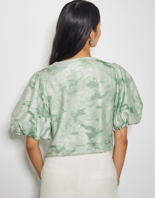 Monsoon Josie Puff Sleeve Floral Jacquard Top Green - Image 3