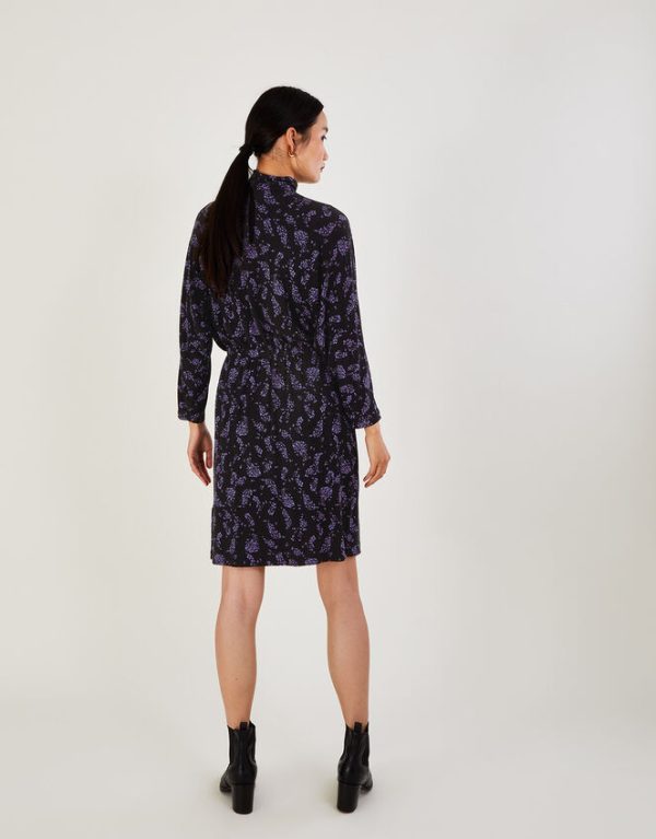 Monsoon High Neck Feather Print Jersey Dress Black - Image 3