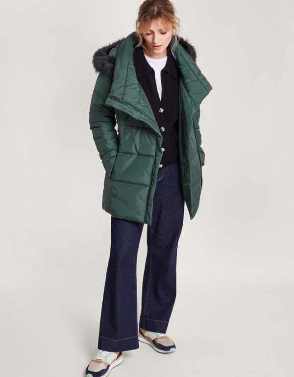 Monsoon Pauline Faux Fur Hood Puffer Coat Green - Image 2